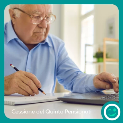 Un pensionato che cerca un prestito online con la scritta Cessione del Quinto Pensionati ed il logo di TiPresto