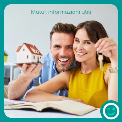 Una coppia felice che ha appena acquistato un immobile e la scritta Mutui: informazioni utili con il logo TiPresto